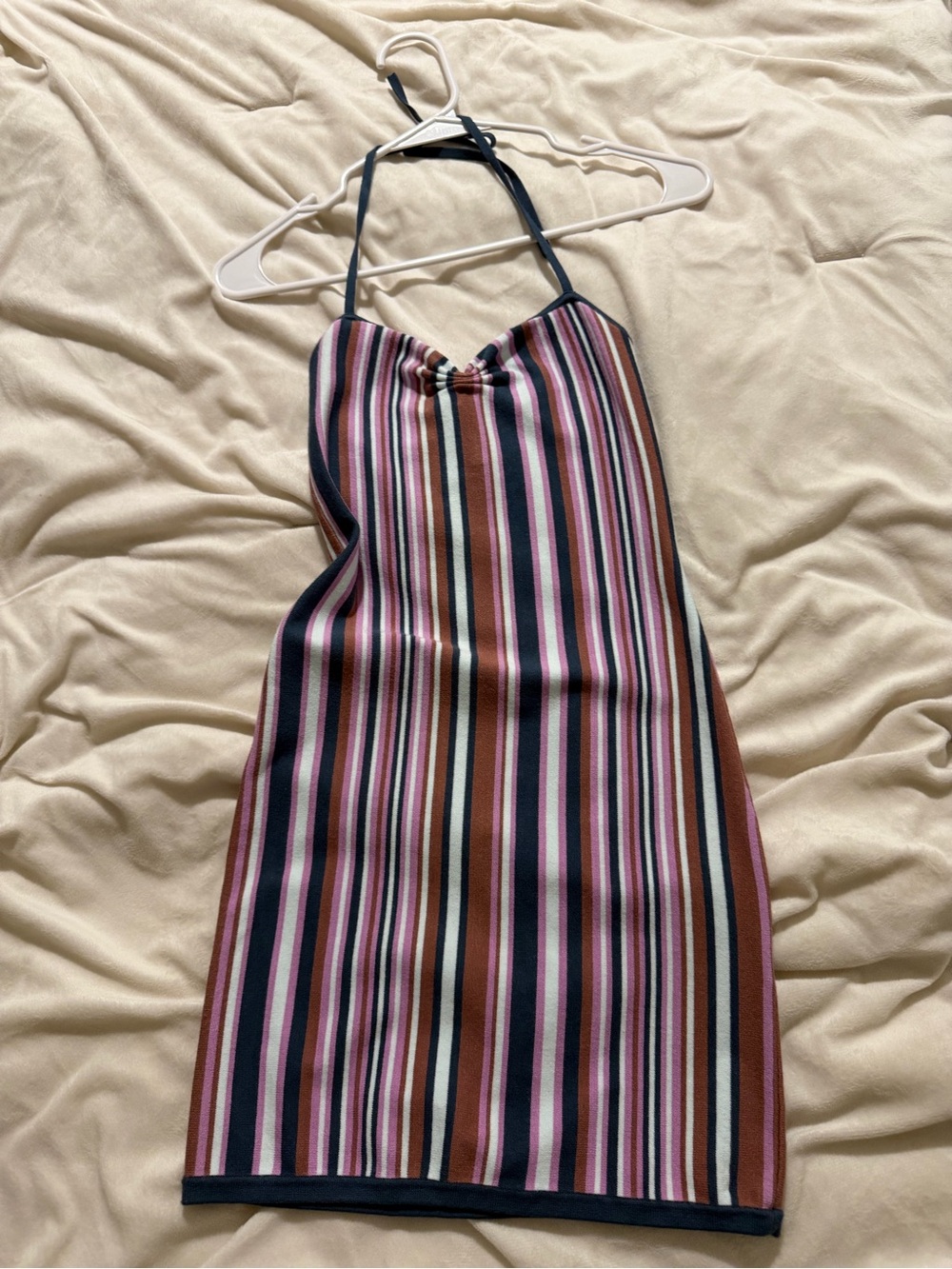 Sunday Best Striped Halter Mini Dress in Pink, Navy & Brown
